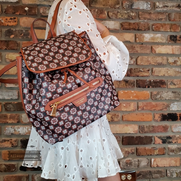 NWT AUTHENTIC Kate Spade Floral Monogram Coated Canvas Medium Backpack brown BAG - Picture 2 of 5